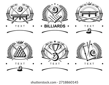 Billares y snooker etiquetas y conjunto de iconos. Iconos de colección de billar. Vector