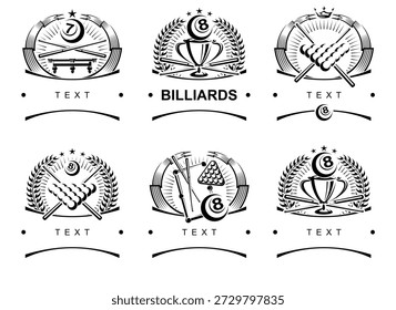 Billares y snooker etiquetas y conjunto de iconos. Iconos de colección de billar. Vector
