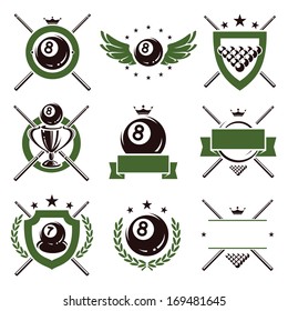 Billiards and snooker labels and icons set. Vector 