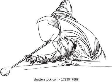 billiards styled athlete, vector sketch, line, black