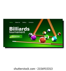 Billiards Tournament And Championship Event Vector. Billiards Tournament Player Registration, Snooker Balls, Wooden Cue And Triangle Equipment. Template Landing Page Realistic 3d Illustration