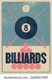 Billiards typographical vintage grunge style poster design. Retro vector illustration.