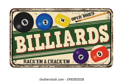 Billiards vintage rusty metal sign on a white background, vector illustration