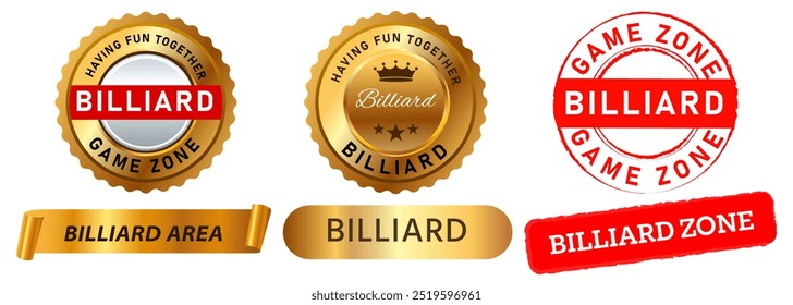 Billiards zone place stamp red gold badge sticker emblem label game arena sport design set collection illustration