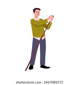 Billiard-themed vector illustration. A man in casual clothing chalks a cue stick, preparing to play billiards. His friendly expression and casual attire create a relaxed atmosphere