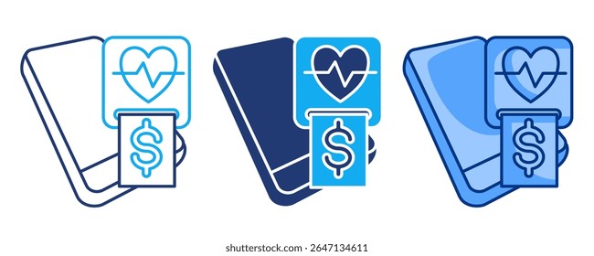 Billing automation icon represented by handphone, heartbeat, bill Blue, Dualline, Dualtone style.