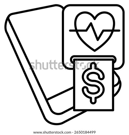 Billing automation icon represented by handphone, heartbeat, bill Line style.
