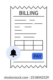 A billing document with itemized text, a reminder bell icon, table, and a blue PAY button. Ideal for payment services, billing, invoicing, finance apps, reminders. Clean and minimal design.