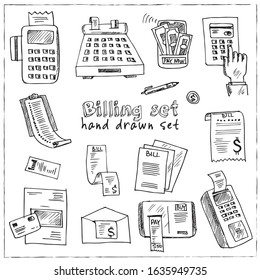 Billing hand drawn doodle set. Vector illustration. Isolated elements on white background. Symbol collection.