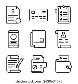 Conjunto de Ícones de Informações de Cobrança. Ícones de Coleção de Documentos Comerciais e Administrativos
