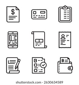 Conjunto de Ícones de Informações de Cobrança. Ícones de Coleção de Documentos Comerciais e Administrativos
