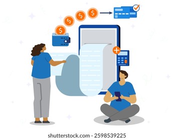 Billing payment concept. Digital transaction with credit card. Cash payment with savings coin on wallet. Calculating billing to payment. 