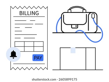 Billing receipt labeled Billing with payment button, a bag on a shelf, and a reminder notification. Ideal for finance, business, billing systems, expense tracking, payment reminders, financial