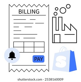 Recibo de cobrança com botão de pagamento adjacente aos símbolos de fábrica e saco de compras. Ideal para negócios, finanças, manufatura, e-commerce e temas de varejo. Estilo moderno simples