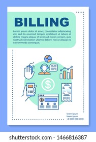 Billing service poster template layout. Customer support. Financial transaction. Banner, booklet, leaflet print with linear icons. Vector brochure page layouts for magazines, advertising flyers