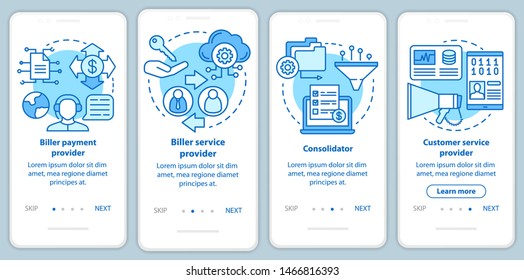Billing services onboarding mobile app page screen with linear concepts. Biller payment, advice provider. Four walkthrough steps graphic instructions. UX, UI, GUI vector template with illustrations