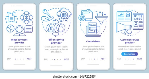 Abrechnungsdienste Onboarding Mobile App Seite Vektor Vorlage. Rechnungszahlung, Ratgeber. Schrittweise Anleitung zur Website mit linearen Illustrationen UX, UI, GUI-Smartphone-Schnittstellenkonzept