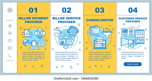 Billing services onboarding mobile web pages vector template. Responsive smartphone website interface idea with linear illustrations. Webpage walkthrough step screens. Color concept 