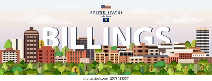 Billings city skyline colorful vector illustration. Travel poster