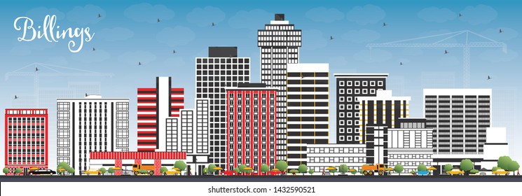 Billings Montana City Skyline with Color Buildings and Blue Sky. Vector Illustration. Business Travel and Tourism Concept with Modern Architecture. Billings USA Cityscape with Landmarks.