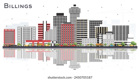 Abrechnungen Montana City Skyline mit farbigen Gebäuden und Reflektionen auf Weiß. Vektorillustration. Reise- und Tourismuskonzept mit moderner Architektur. Abrechnungen USA Stadtbild mit Wahrzeichen.