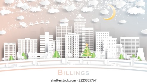 Billings Montana City Skyline in Paper Cut Style with Snowflakes, Moon and Neon Garland. Vector Illustration. Christmas and New Year Concept. Santa Claus on Sleigh. Billings Cityscape with Landmarks.