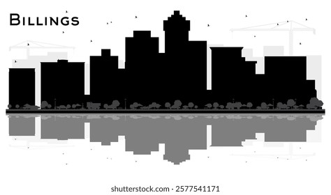 Billings Montana City Skyline Silhouette with Black Buildings and reflections Isolated on White. Vector Illustration. Tourism Concept with Modern Architecture. Billings USA Cityscape with Landmarks.