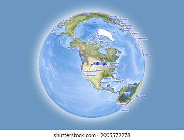 Billings-United States of America is shown on vector globe map. The map shows Billings-United States of America 's location in the world.