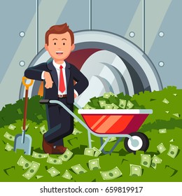 Billionaire Businessman Inside Full Bank Vault Standing On A Huge Cash Pile. Shovel Filled Dollars Wheelbarrow. Very Rich Man Shoveling Up Money. Business Success. Flat Style Vector Illustration.