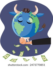 
Billionaire Milking Earth of Resources Vector Cartoon. Rich capitalist person obsessed with profit over environmental issue 
