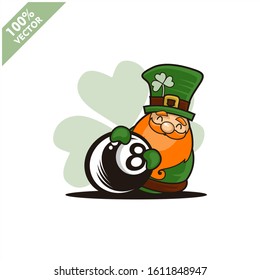 Billird 8 ball happy Saint Patrick's Day theme. Cartoon character with green hat illustration vector logo.