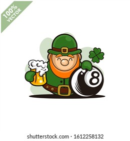 Billird 8 ball happy Saint Patrick's Day theme. Cartoon character with green hat illustration vector logo.