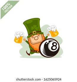 Billird 8 ball happy Saint Patrick's Day theme. Cartoon character with green hat illustration vector logo.