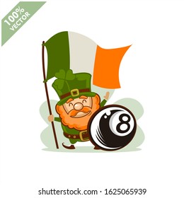 Billird 8 ball happy Saint Patrick's Day theme. Cartoon character with green hat illustration vector logo.