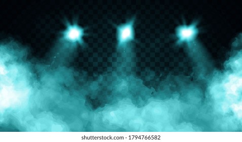 Billowing clouds of turquoise blue smoke illuminated by three spot lights over a dark background, colored vector illustration