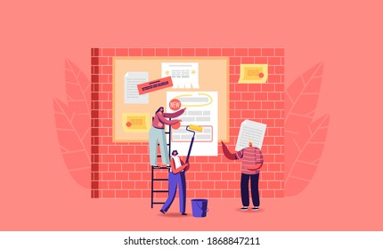 Billposters Sticking Paper Advertisement on Bulletin Board. Tiny Characters Posting Flyers on Special Board for Announcements. Side Job, Advertising Placement. Cartoon People Vector Illustration