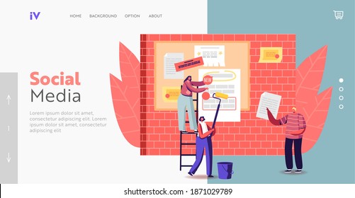 Billposters Sticking Paper Advertisement on Bulletin Board Landing Page Template. Tiny Characters Posting Flyers on Board for Announcements. Advertising Placement. Cartoon People Vector Illustration