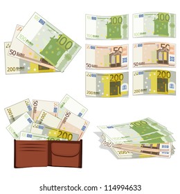 Bills 50, 100 and 200 euros in different forms