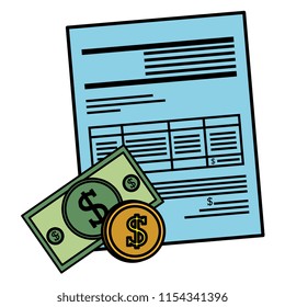bills and coins dollars with document