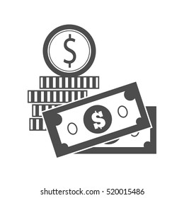 Bills and coins vector monochrome, black. Dollar banknotes and gold coin illustration for investment, gambling, savings, winings concepts, icon, logo design. Isolated on white background.