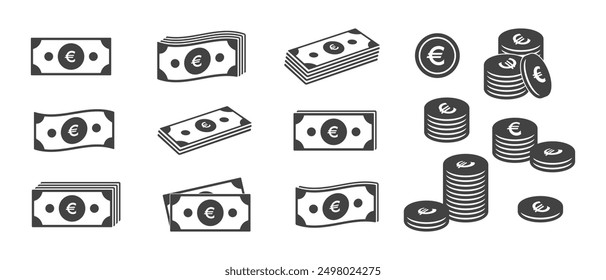 Bills dollar cents coins icons set. Money banknote currency bills and cents. Vector design elements isolate.