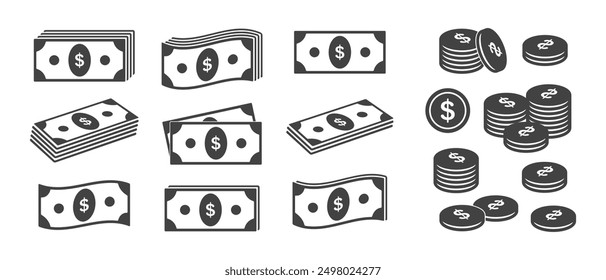 Bills dollar cents coins icons set. Money banknote currency bills and cents. Vector design elements isolate.