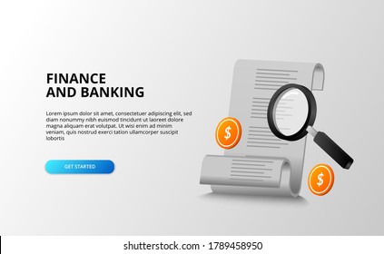 bills for finance banking accounting concept with magnifying glass search tracking with 3d golden coin dollar. landing page template