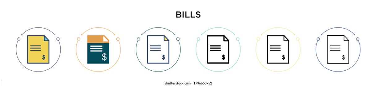 Bills icon in filled, thin line, outline and stroke style. Vector illustration of two colored and black bills vector icons designs can be used for mobile, ui, web