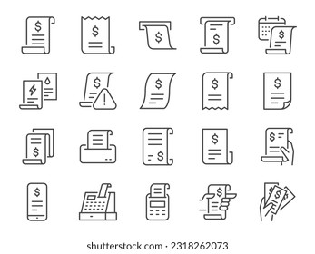 Bills icon set. It included bill, expense, receipt, outcome, and more icons. Editable Vector Stroke.