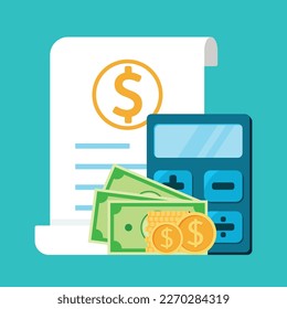 Billardbildern und Billardbildern mit Taschenrechner und Geld für Zahlung, Rechnung, Bestellung, Steuern, Finanzen und Business-Web-Symbol-Konzept Vektorgrafik isoliert