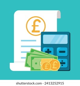 Bills and Invoice flat icon in Pound Sterling British Currency with calculator and money for Payment, bill, order, tax, finance and business web symbol concept Vector Illustration Isolated