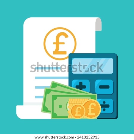 Bills and Invoice flat icon in Pound Sterling British Currency with calculator and money for Payment, bill, order, tax, finance and business web symbol concept Vector Illustration Isolated