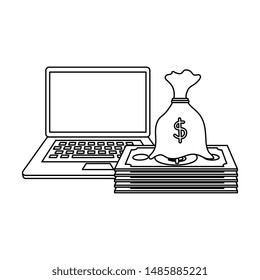 bills money dollars with laptop and sack