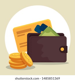 bills money inside wallet with credit card and coins